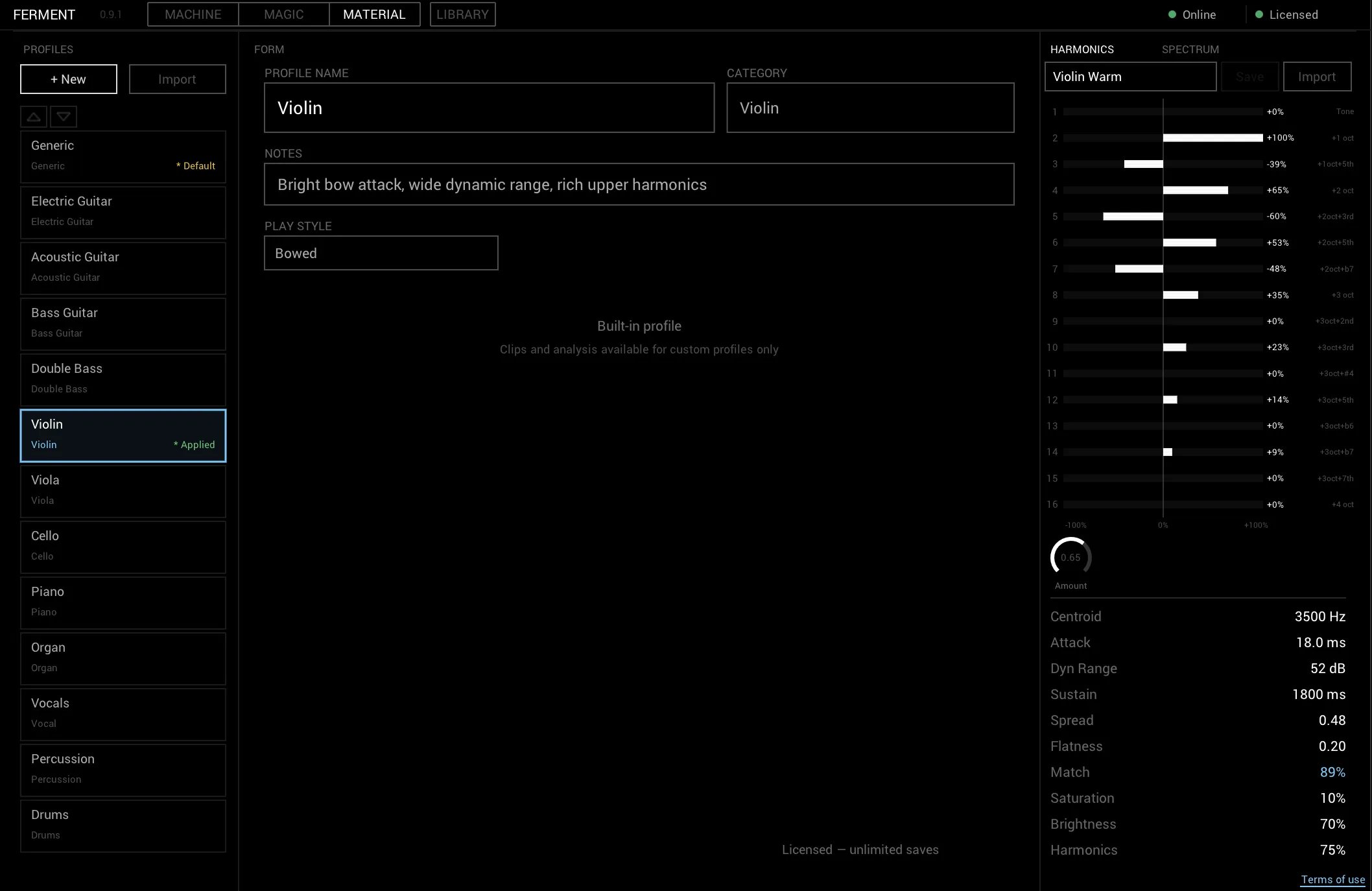 Material harmonics editor view